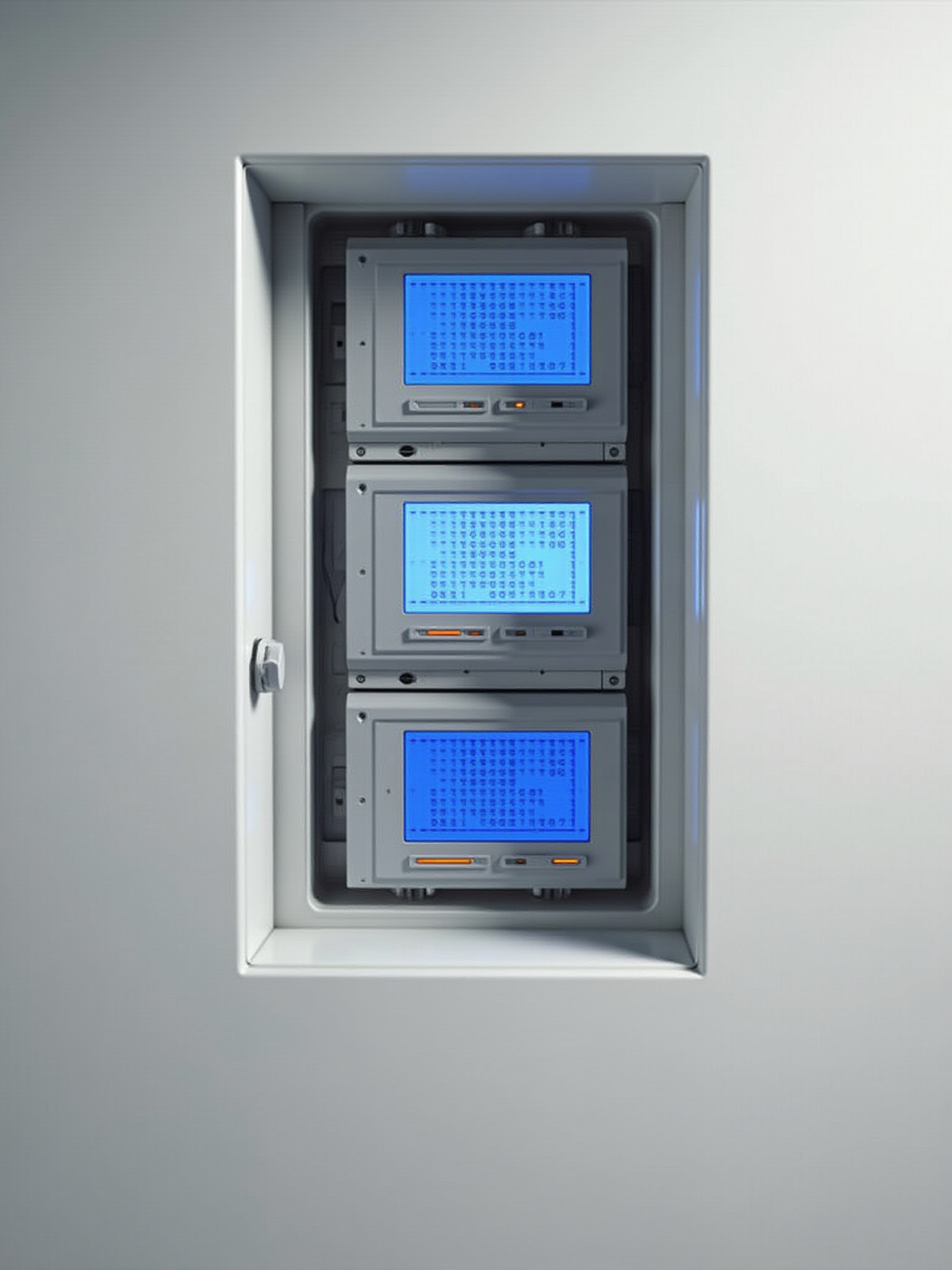 Three industrial control panels with blue screens in a wall mount.