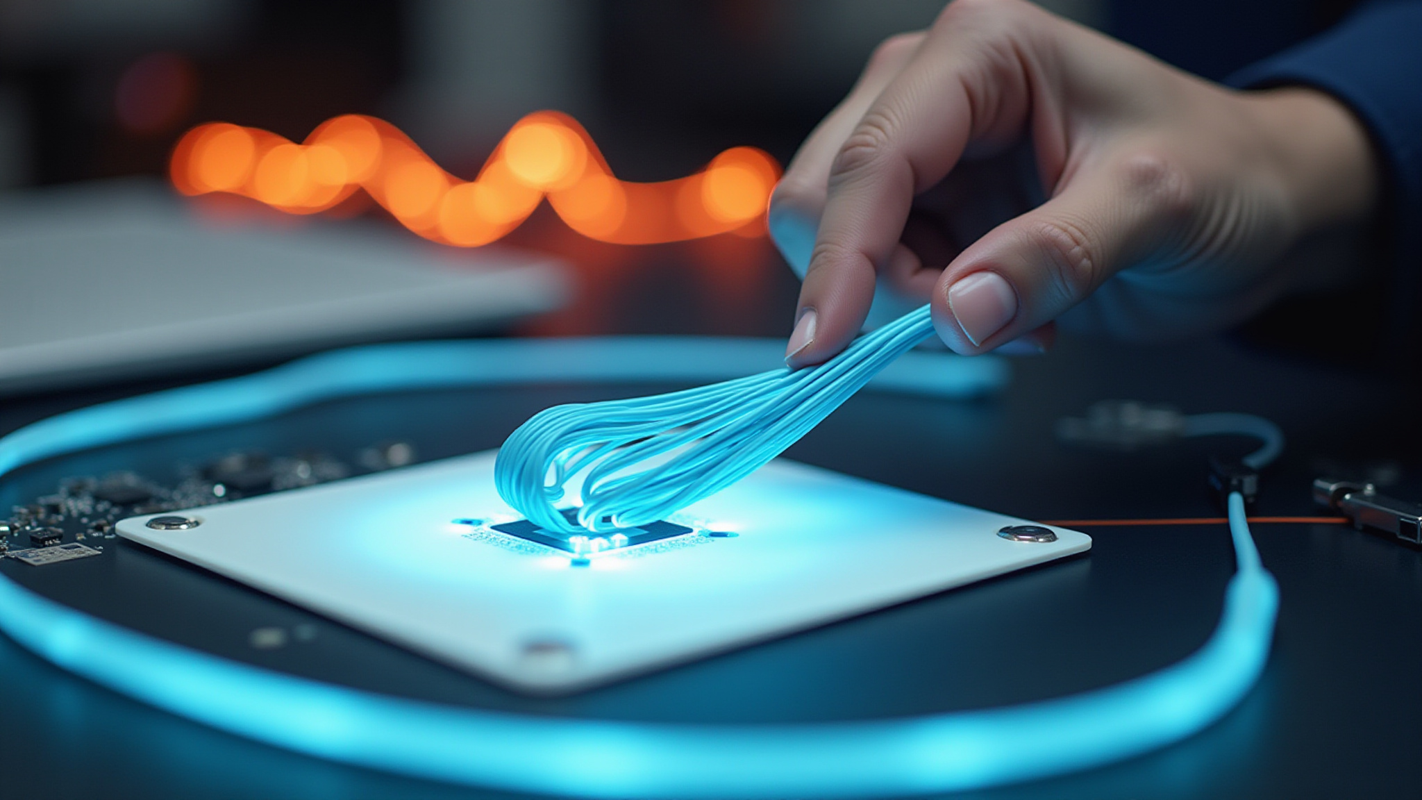 Hand lifting glowing blue fiber optic cables from a device