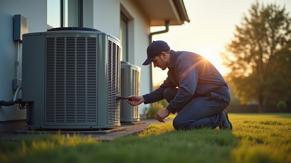Eye-level view of a technician inspecting an air conditioning unit outside a residential home