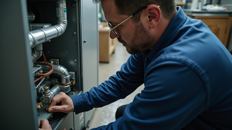 High angle view of professional HVAC technician inspecting furnace