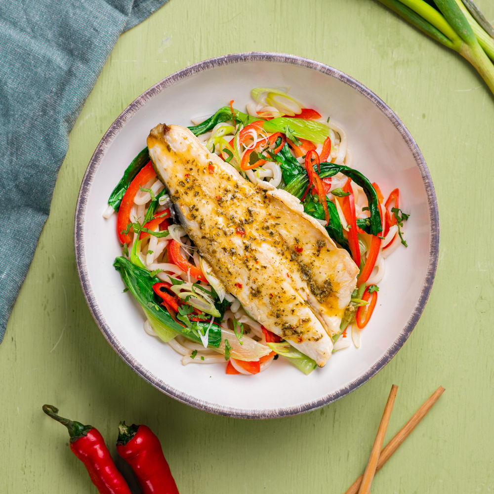 pan fried sea bass fillets with an Udon noodle stir fry