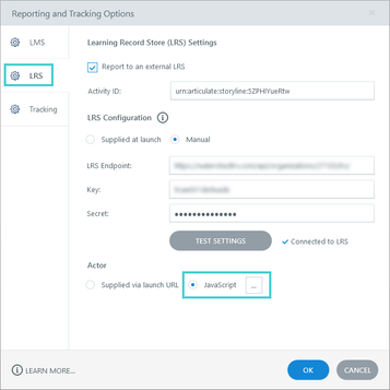 Settings interface for configuring reporting to an external Learning Record Store (LRS) with options for endpoint, key, secret, and actor setup.