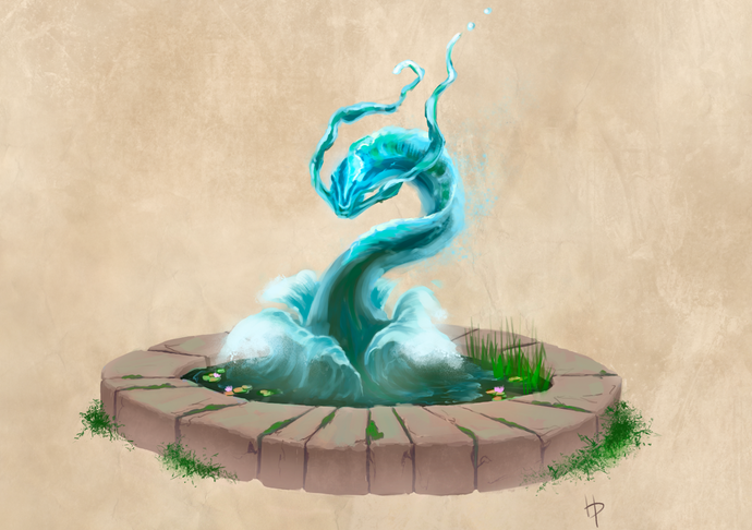 a digital painting of a stone fish pond with a water spirit rising up out of the middle of it.