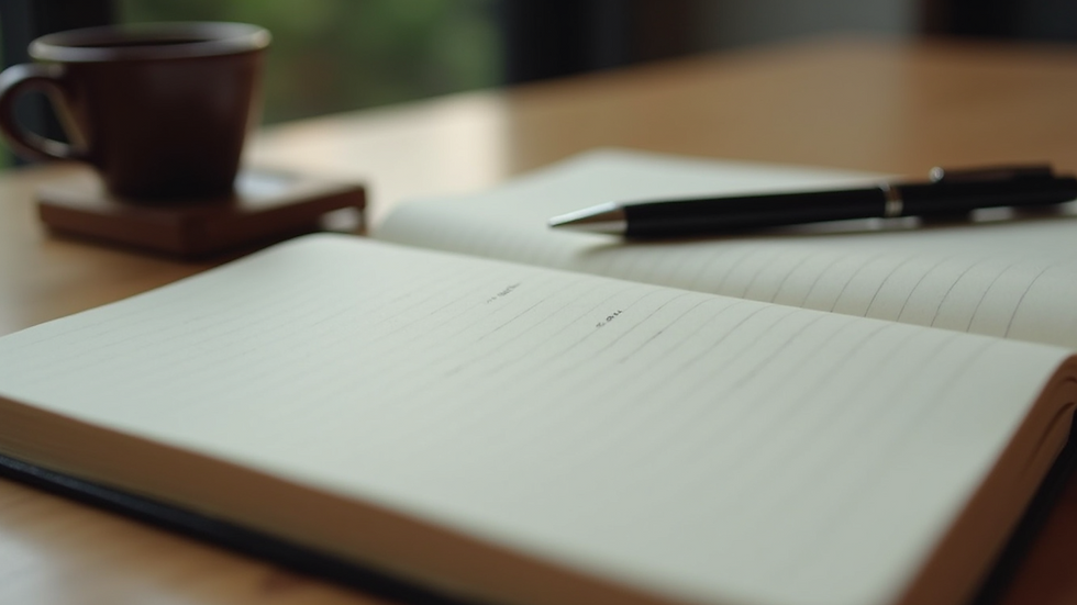 Close-up view of a journal and pen on a wooden desk