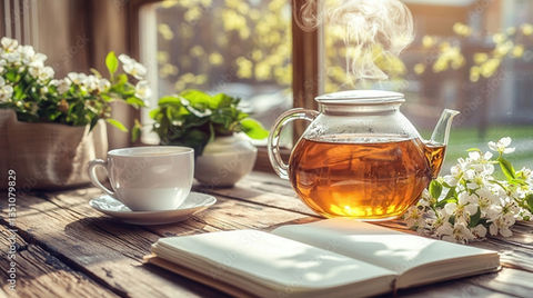 Glass teapot with tea and open book, flowers on wooden table.