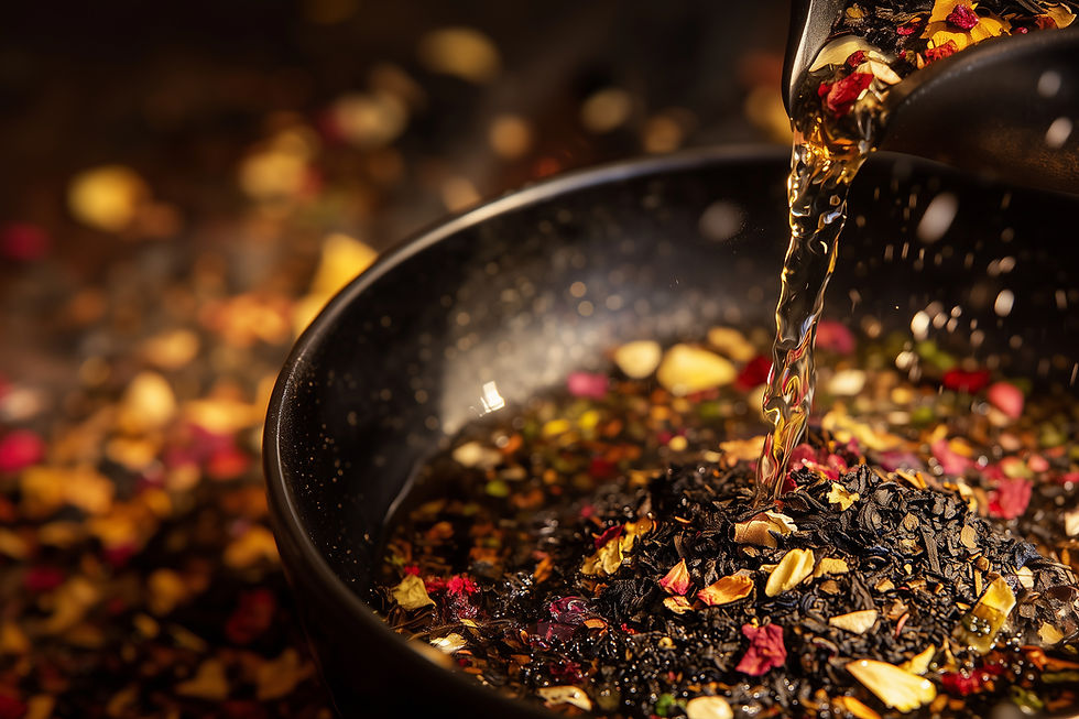 Hot water being poured over colorful tea leaves in a dark, textured bowl. Warm, earthy tones with scattered petals and spices. Cozy mood.