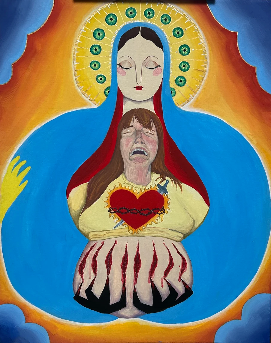 Painting of Virgin Mary embracing a crying woman with a chained heart and wounds
