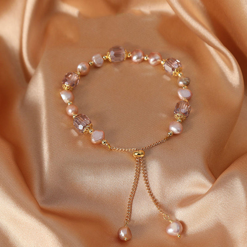 Pink Imitation Pearl Bracelets Exquisite Purple Crystal Beaded Adjustable Bracel