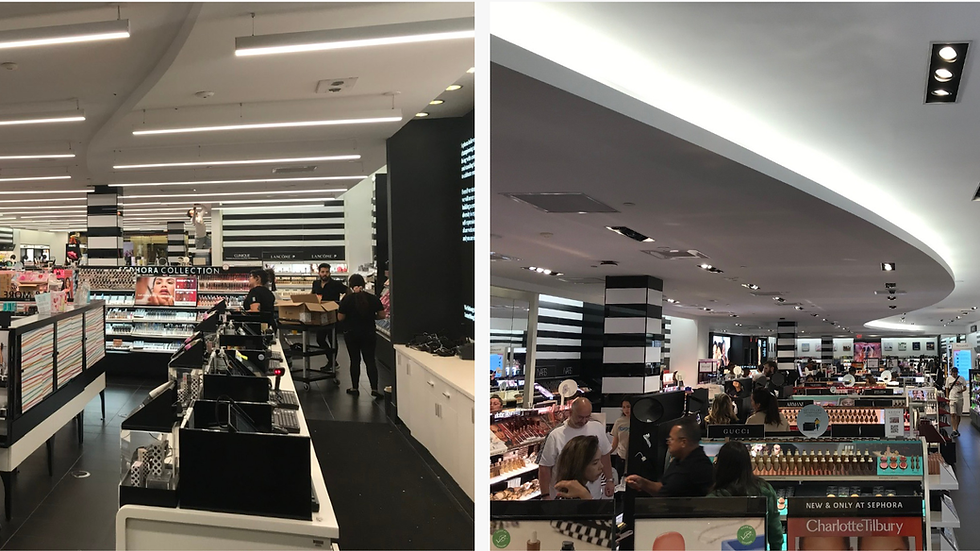 Side-by-side comparison of a Sephora store before and after the BASO LED lighting upgrade at Houston Galleria, showing the transformation from old recessed lighting to new linear LED fixtures, managed by H.J. Martin