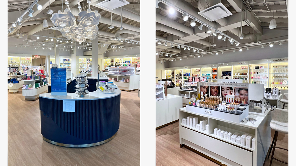 Interior of completed Bluemercury Montgomery Village store showing elegant display fixtures, exposed ceiling beams, and product displays
