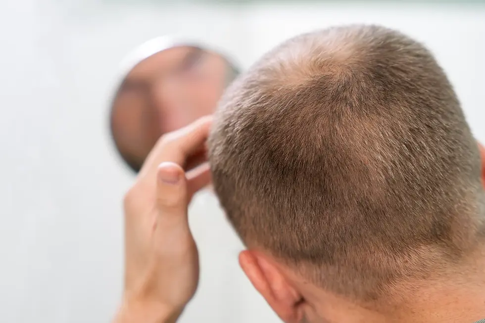 A man touching his scalp and looking in the mirror
