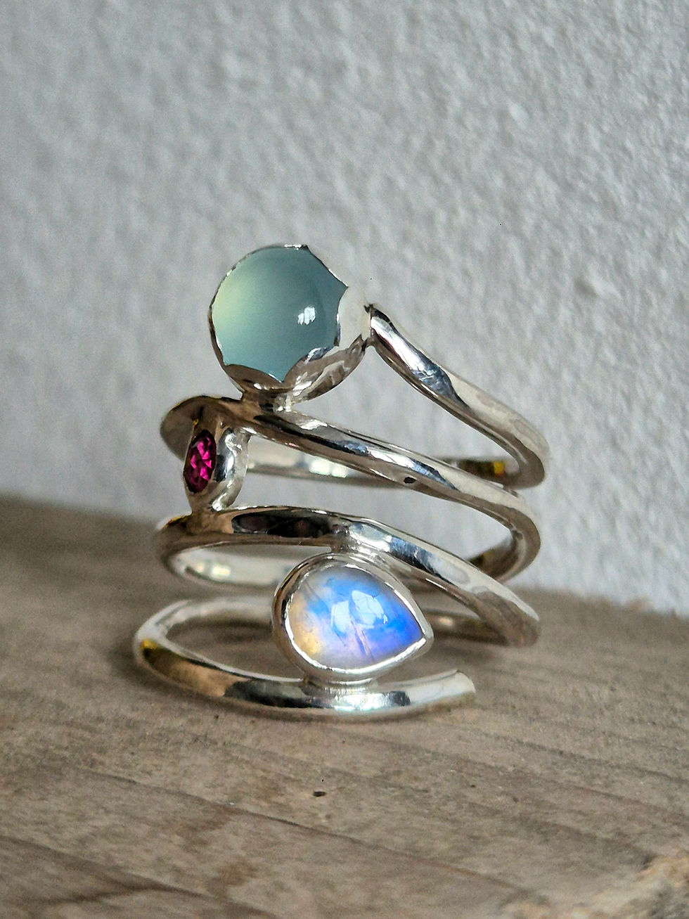 Thumbnail: Beautiful Silver Ring With Blue Chalcedony, Rhodolite Garnet and Moonstone 