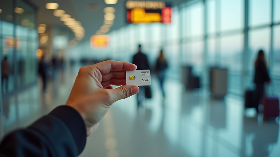 Eye-level view of a traveler's hand holding a SIM card with a blurred airport background
