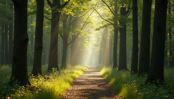 Eye-level view of a winding forest path illuminated by soft sunlight