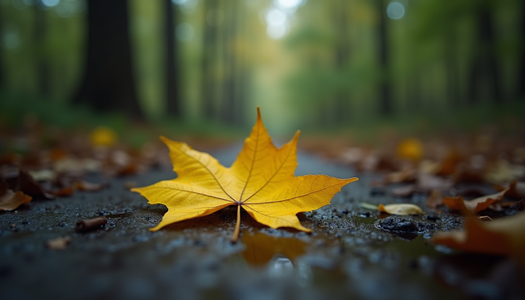 Eye-level view of a single bright yellow leaf on a dark, wet forest floor