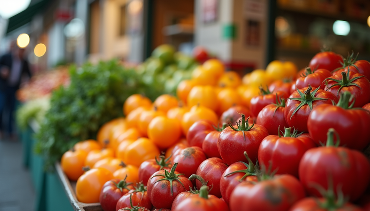 Eye-level view of colorful fresh vegetables and fruits arranged on a market stall