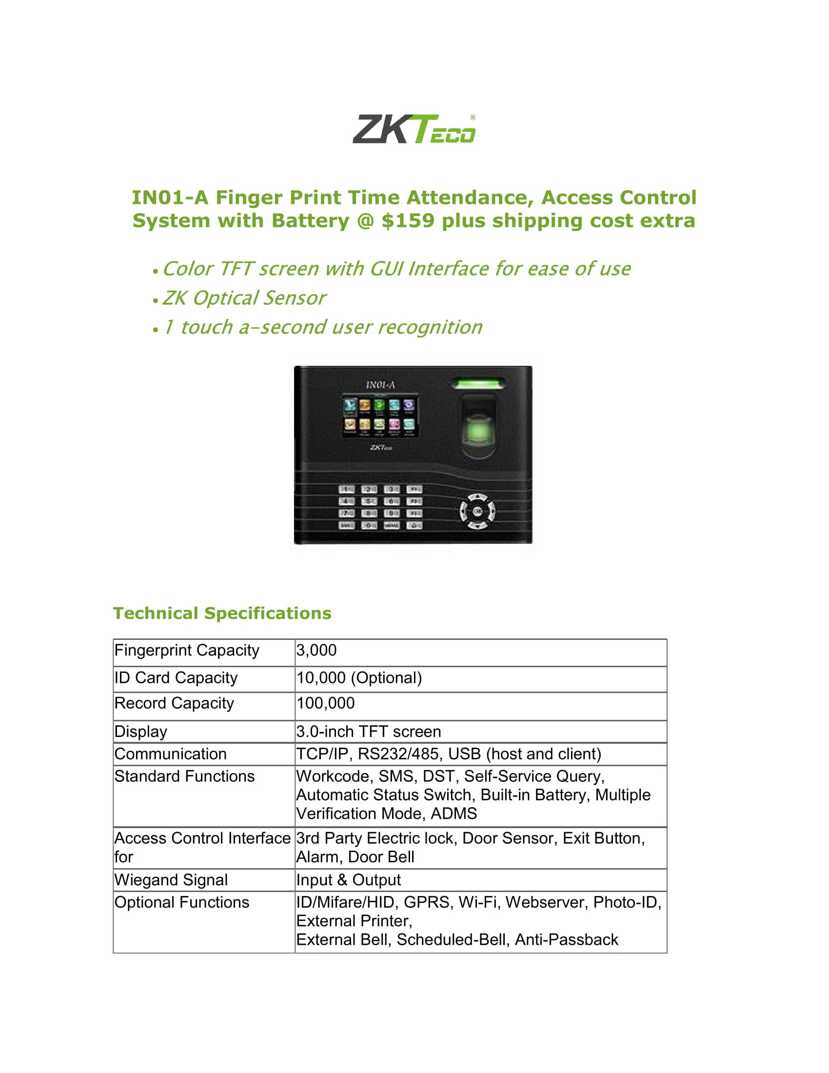 IN01-A Finger Print Time Attendance, Access Control with Battery.