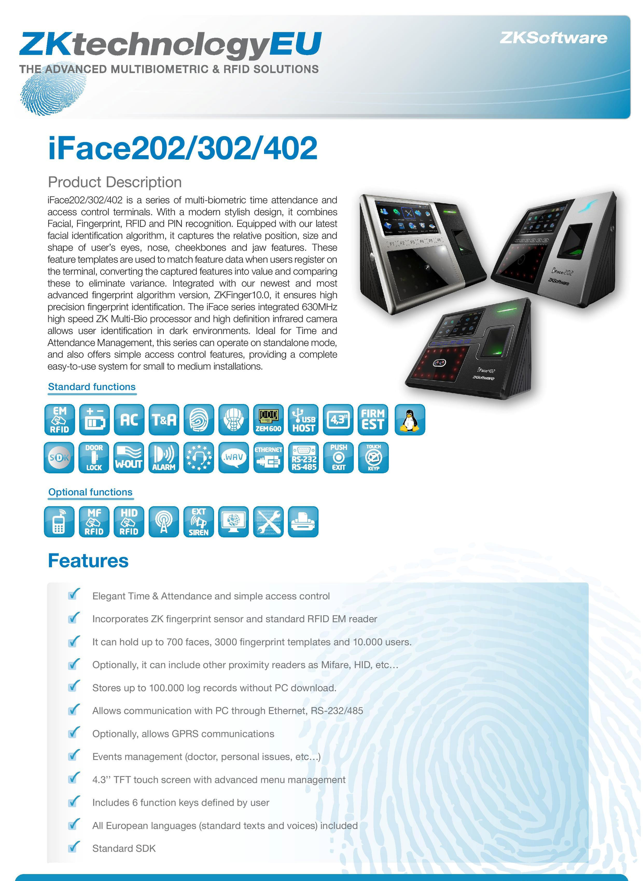 iFace302 multi-biometric identification system & Access Control