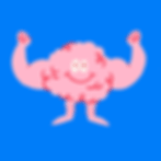 Cartoon brain with muscular arms flexing on a blue background, smiling with a cheerful expression.