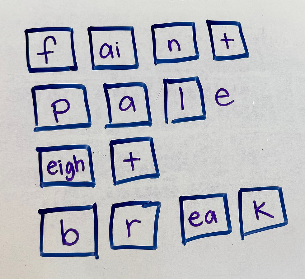 Handwritten words in blue boxes on whiteboard: faint, pale, eight, break. Blue outlines, purple letters. Simple, playful setup.