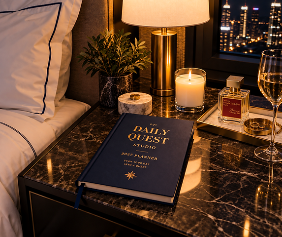 2027 Daily Quest Planner on a hotel nightstand in an evening setting