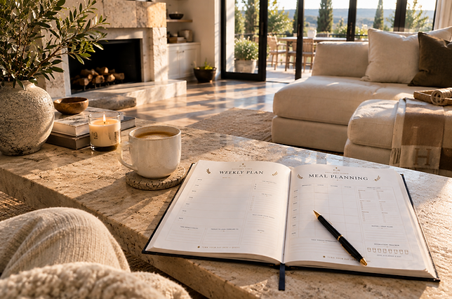 Daily Quest Planner open to Weekly Plan and Meal Planning pages in a bright living room