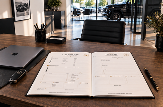 Daily Quest Studio Elite Sales Planner open on a desk in a luxury automotive dealership showroom