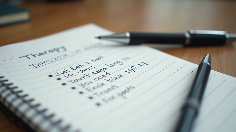 Close-up view of a notebook with therapy notes and a pen