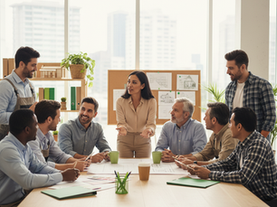 Group of nine real estate professionals in a bright office, engaged in a discussion around a table with papers. One person stands, gesturing confidently.