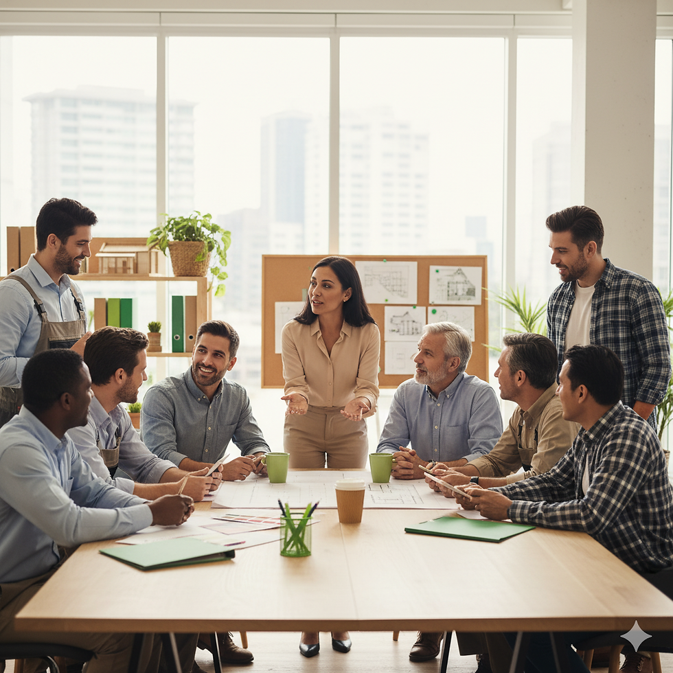 Group of nine real estate professionals in a bright office, engaged in a discussion around a table with papers. One person stands, gesturing confidently.