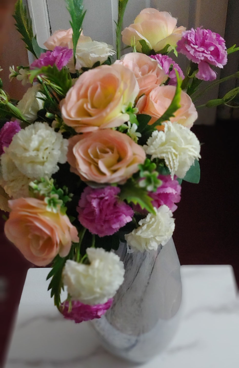 Thumbnail: Large Artificial Rose Flower Arrangement in Marble Vase