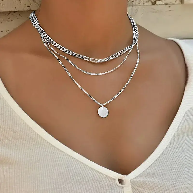 Thumbnail: 925 Sterling Silver Three-Layer Stacking Necklace Women Simple Strip Pendant Wat