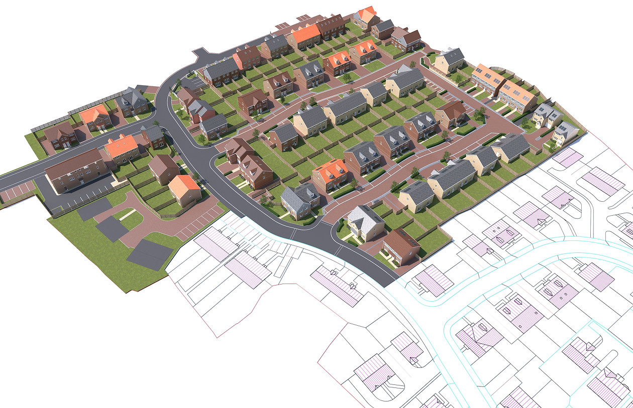 Aerial 3D render of Knottingley housing development