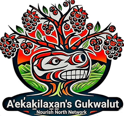 the Nourish North Network logo with an indigenous bird painting in front of green planted fields and a red sky & a berry bush