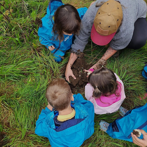 A teacher digging up plants with children
