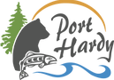 Port Hardy logo with a green tree behind a charcoal bear. There is an indigenous-style fish jumping in front over blue waves