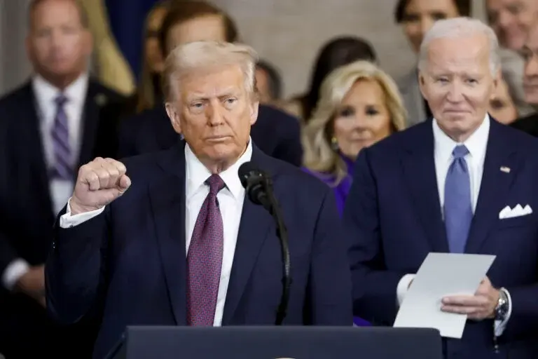 President Donald Trump has been re-elected as America's 47th president. Former President Joe Biden watches as President Trump finishes his speech during his inaugration. (Shawn Thew/Pool photo via AP)