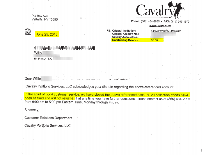 Collection agency deletes account