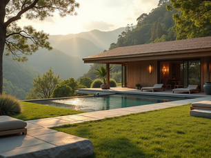 house backyard with a swimming pool, serene scene