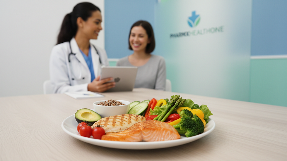 Close-up view of a healthy meal plan with fresh vegetables and lean protein