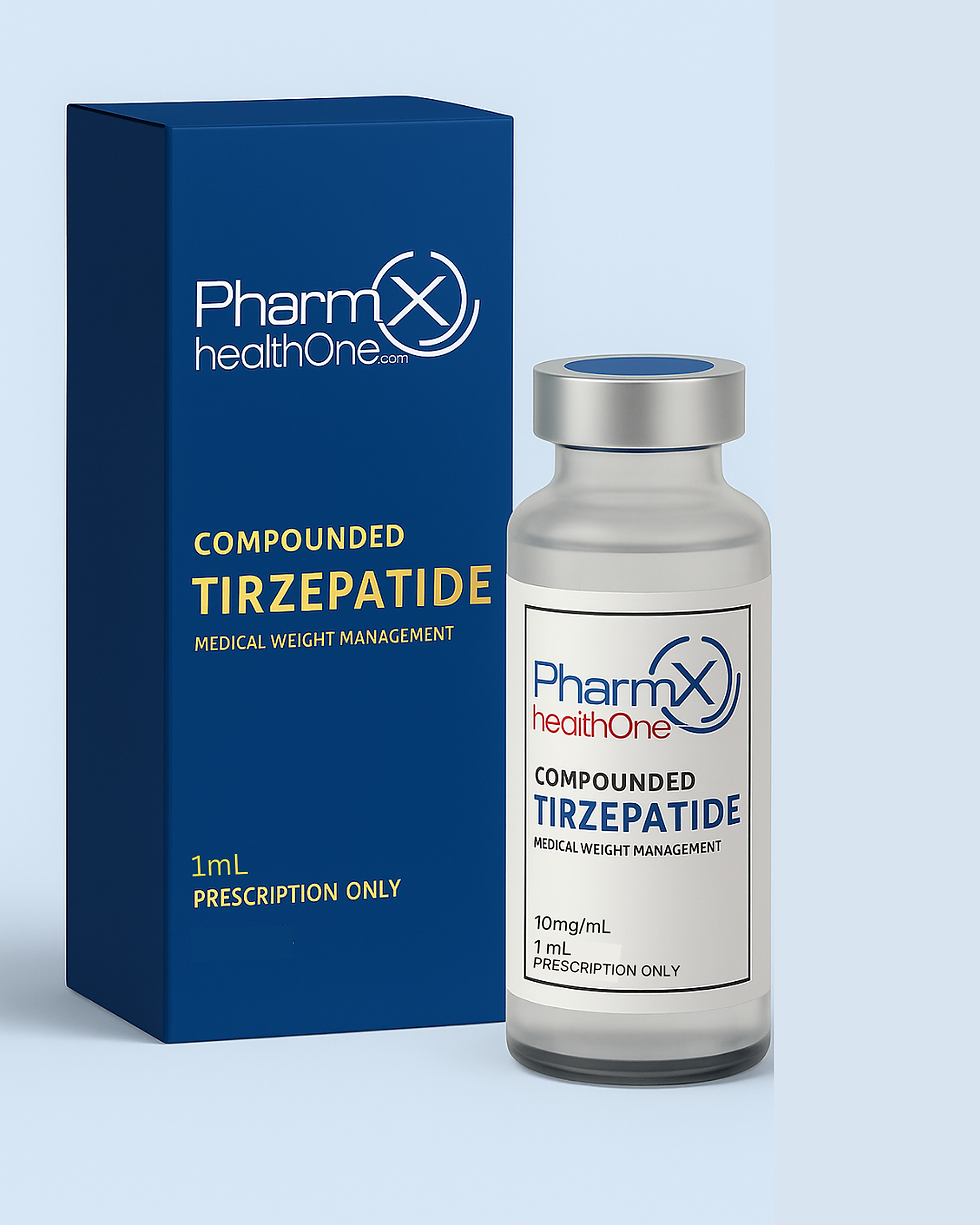 PharmX healthOne Compounded Tirzepatide medical weight management prescription only vial.