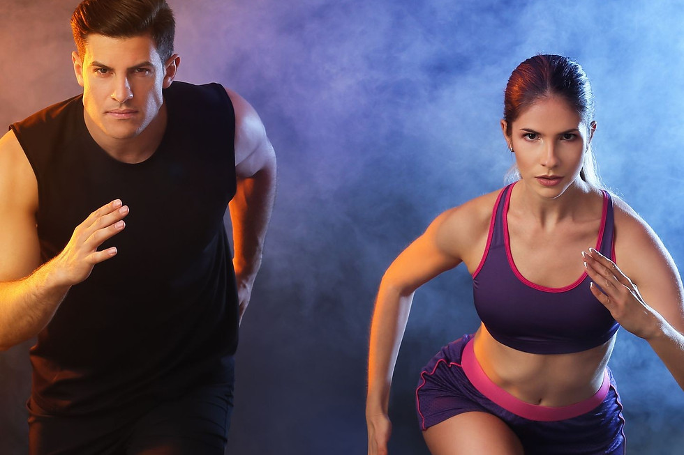 Two athletes running, focused and determined, with a smoky, colorful background