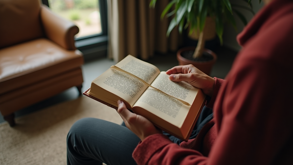 High angle view of a person reading a Haitian book in a cozy setting