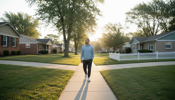 Wide-angle view of a neighborhood sidewalk at sunrise with a person walking beside trees and modest homes