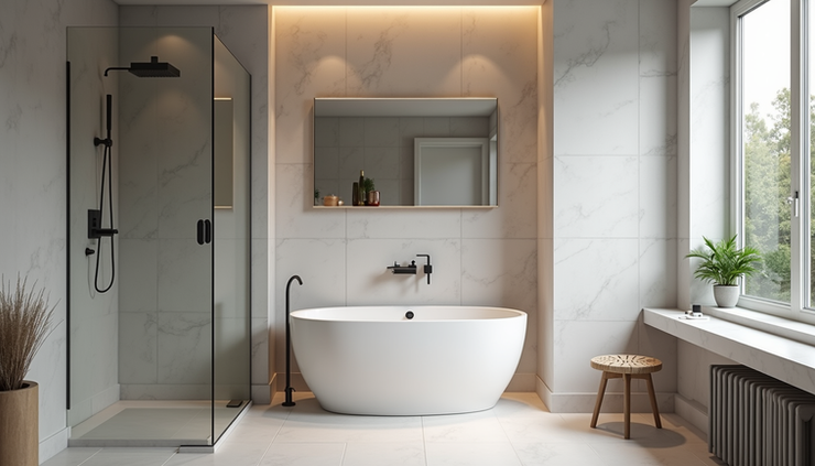Eye-level view of a modern bathroom with new fixtures and sleek tile work in a Vancouver home