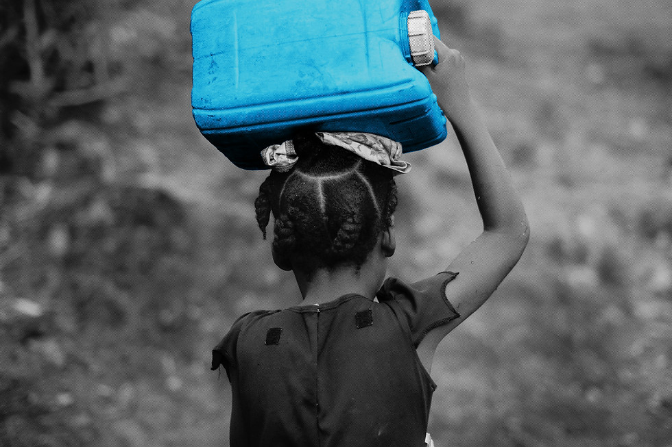 This image captures the physical burden of the water crisis, representing the survival state SOSNPO transforms into a future 