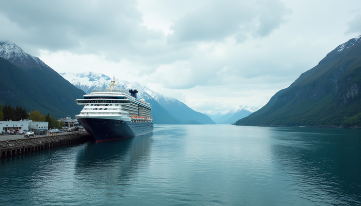 Eye-level view of cruise ship docked at Juneau harbor with mountains in the background