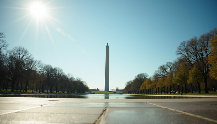 Eye-level view of the Washington Monument with the National Mall in the foreground