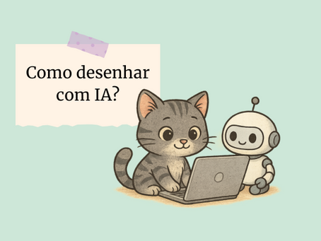 Gatinho viajante mexendo em um notebook, com um robozinho ao seu lado. O robozinho é uma IA e os dois estão felizes.
