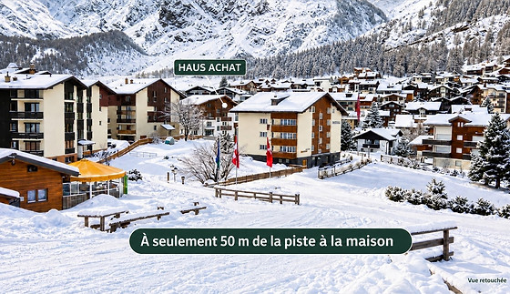 Haus Achat à seulement 50 mètres de la piste. Vue retouchée avec le bâtiment de l’appartement indiqué.